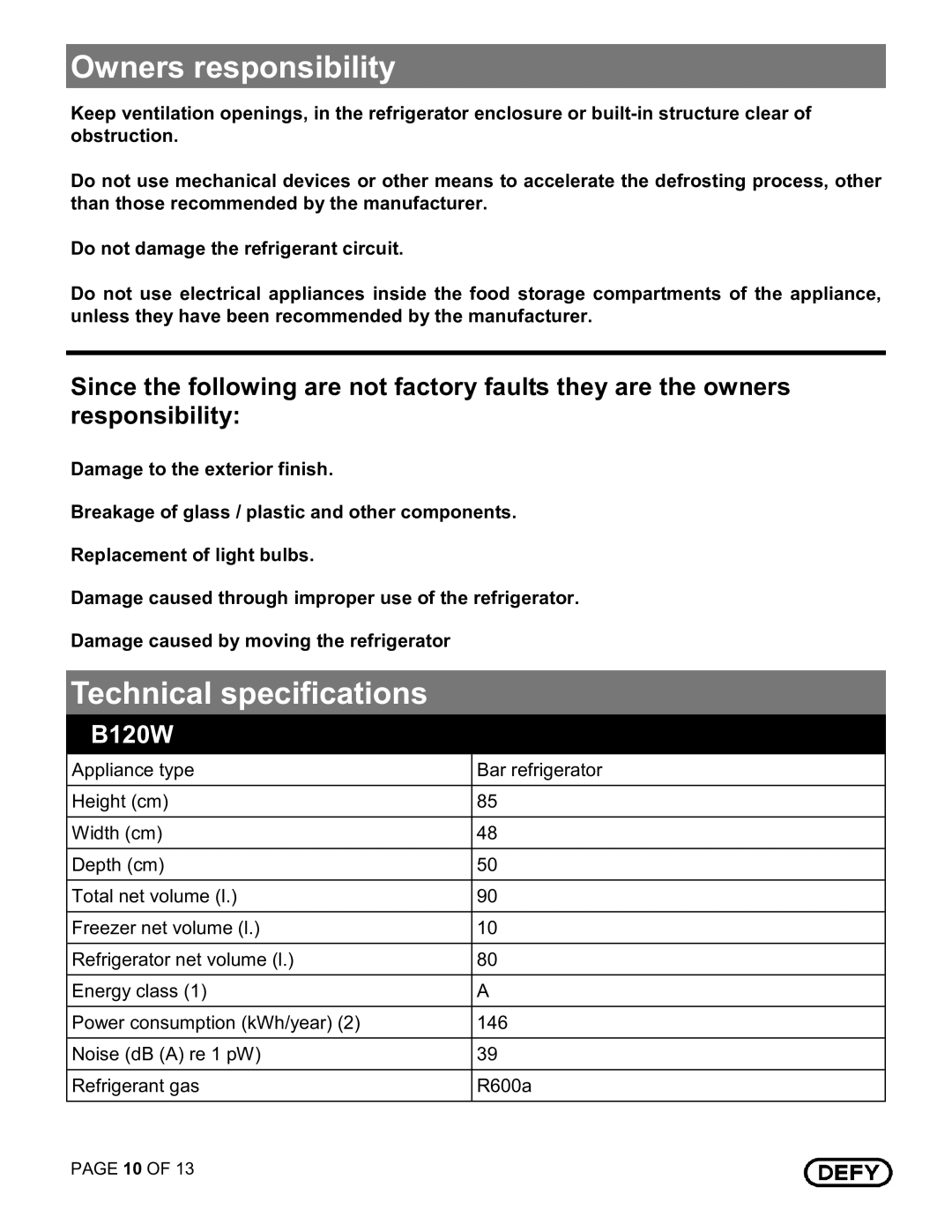 Defy Appliances B120W manual 533 # /7 #!9 #377 