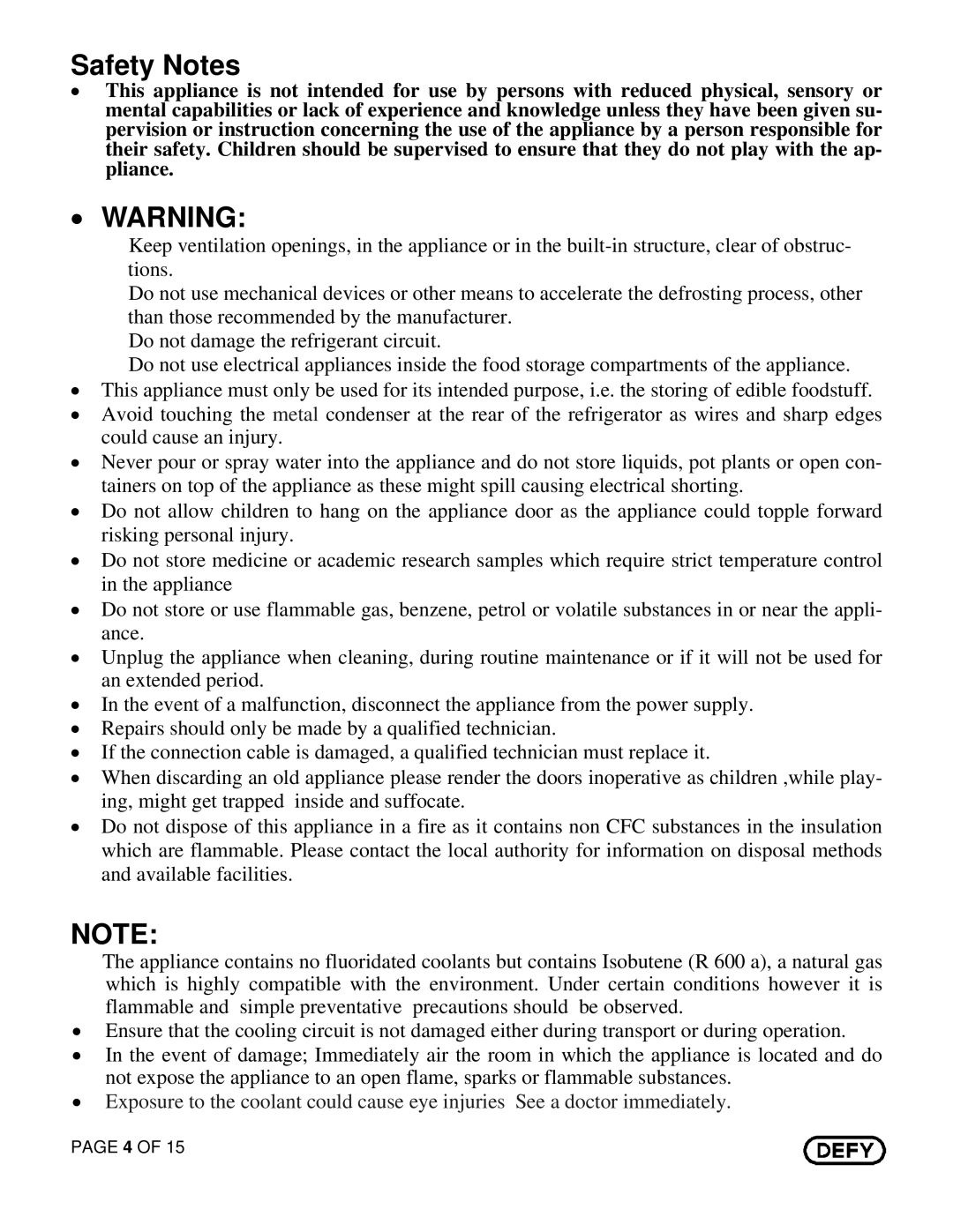 Defy Appliances C375 owner manual Safety Notes, ∙ Warning 