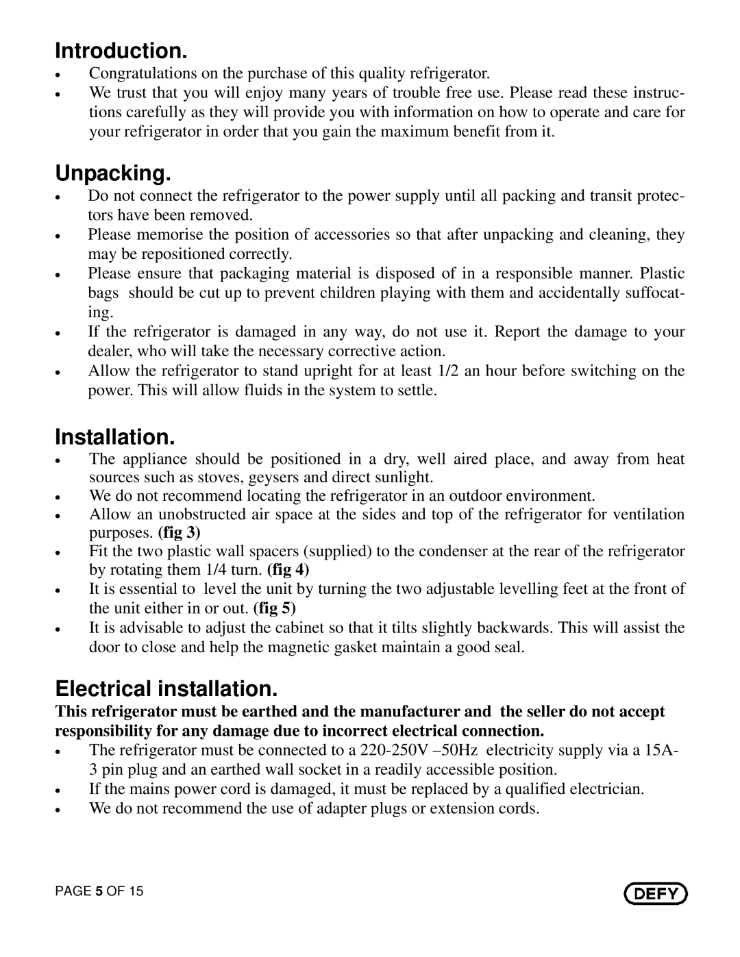 Defy Appliances C375 owner manual Introduction, Unpacking, Installation, Electrical installation 