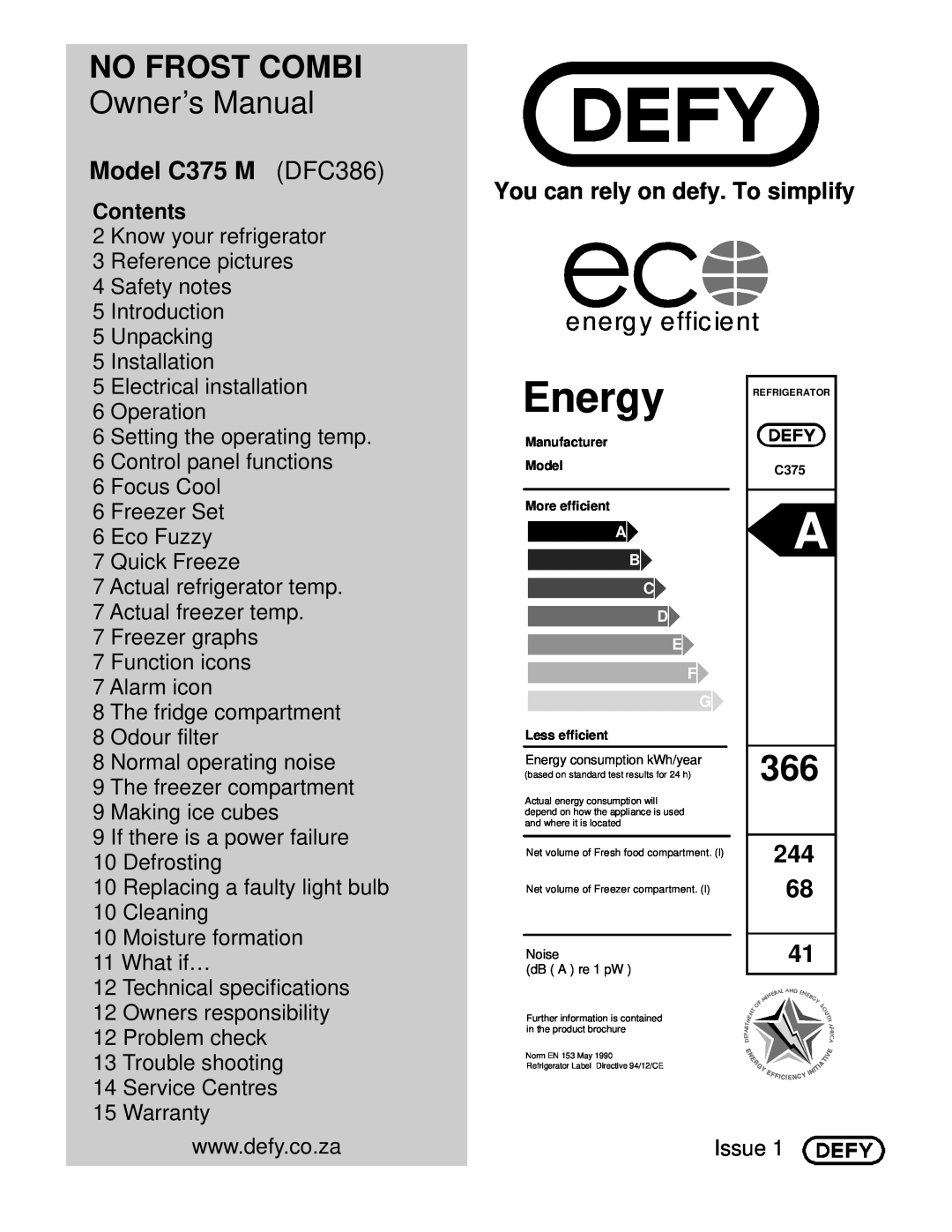 Defy Appliances owner manual Model C375 M DFC386, Contents, No Frost Combi, energy efficient 