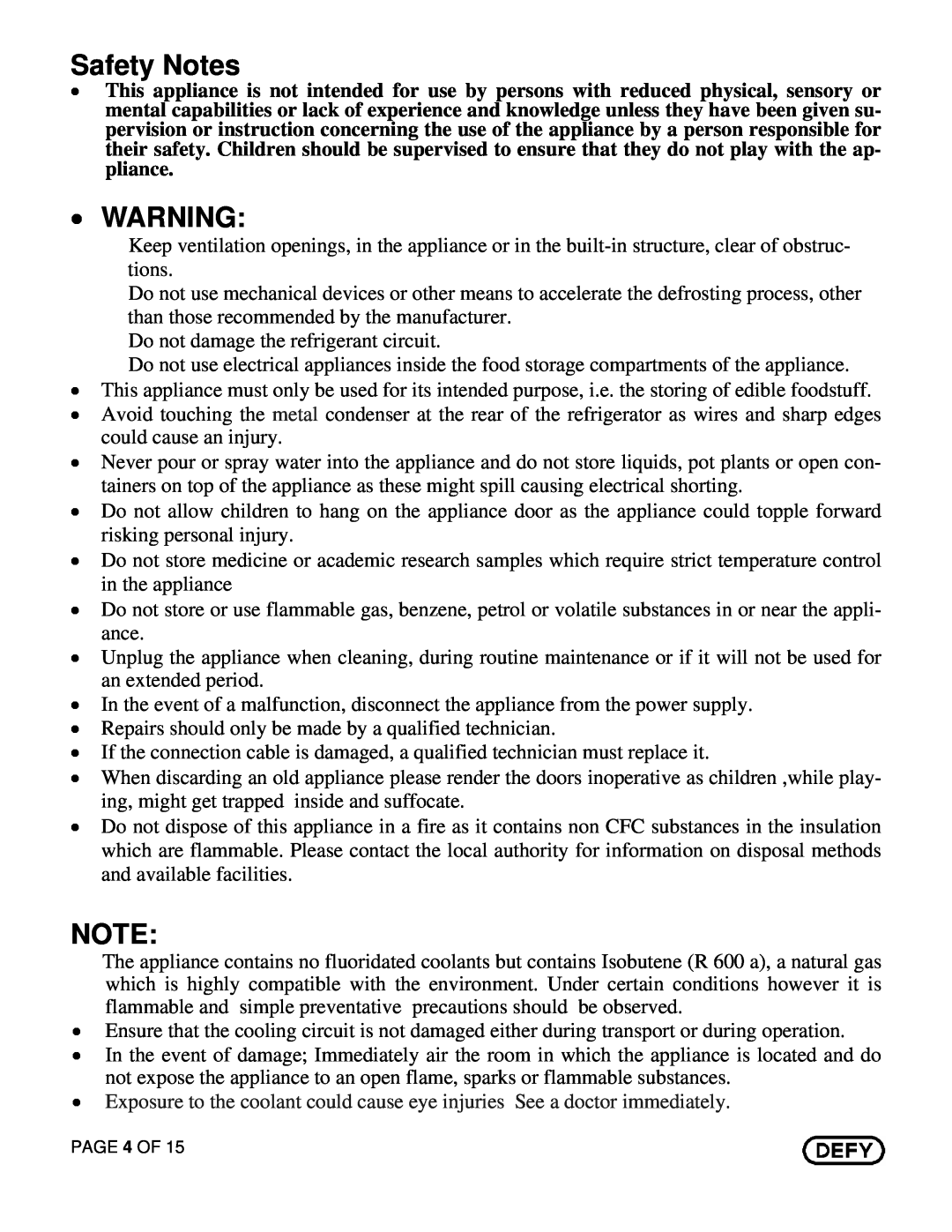Defy Appliances C375 owner manual Safety Notes, ∙ Warning 