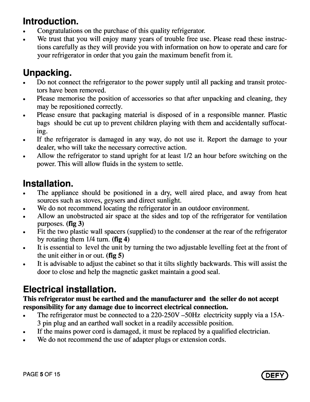 Defy Appliances C375 owner manual Introduction, Unpacking, Installation, Electrical installation 