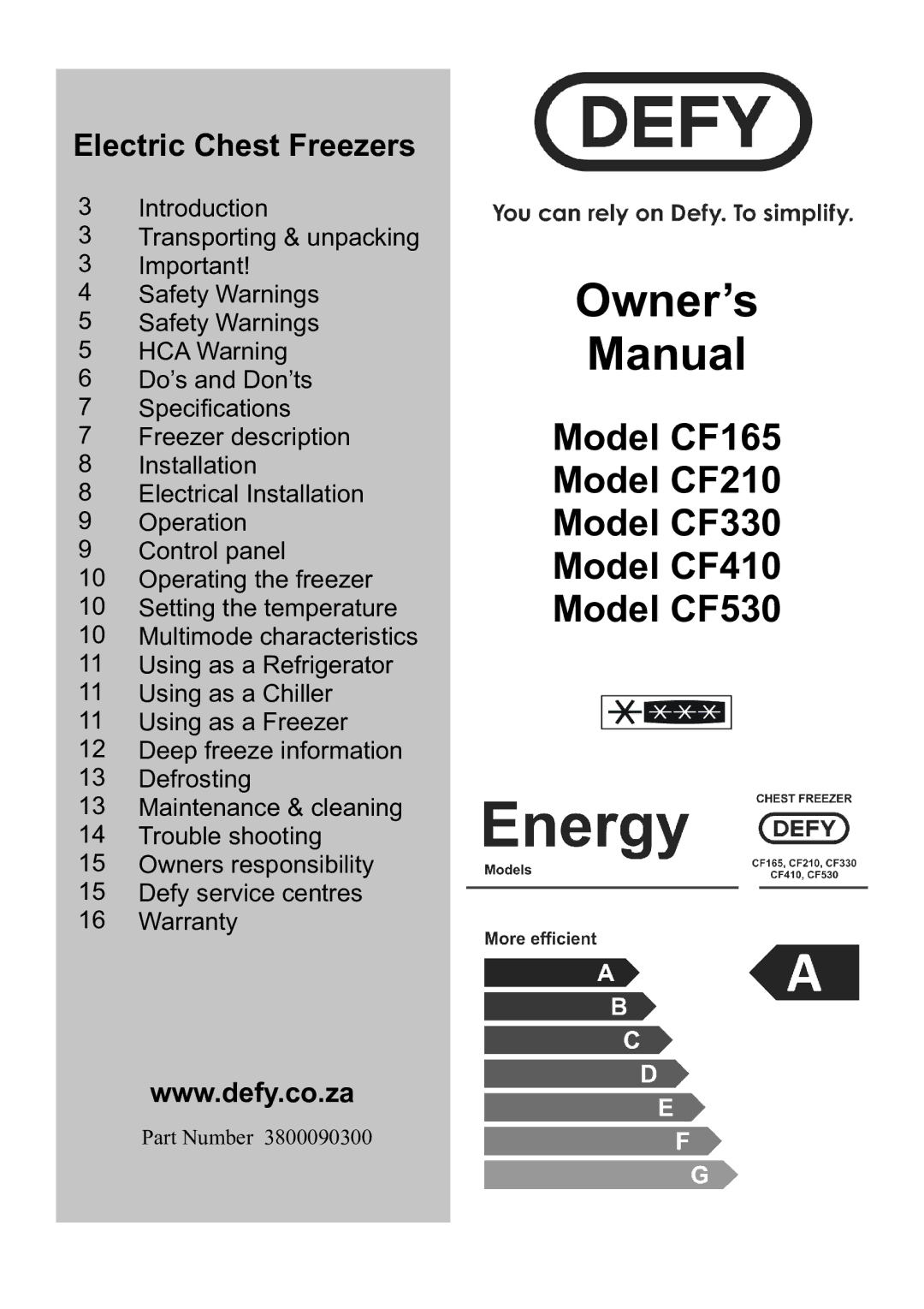 Defy Appliances CF530, CF330, CF165, CF410, CF210 manual $ # 