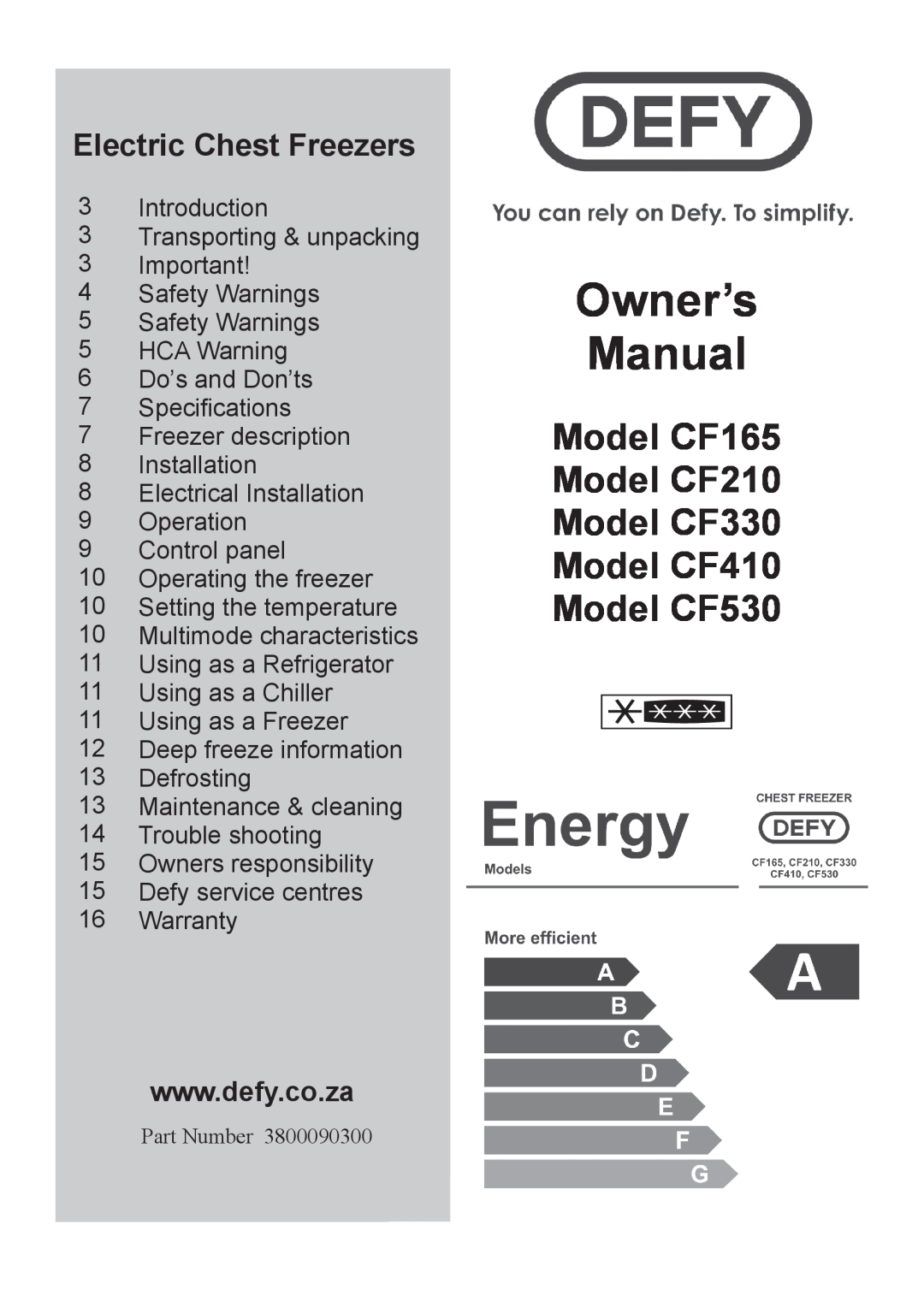 Defy Appliances CF530, CF330, CF165, CF410, CF210 manual 