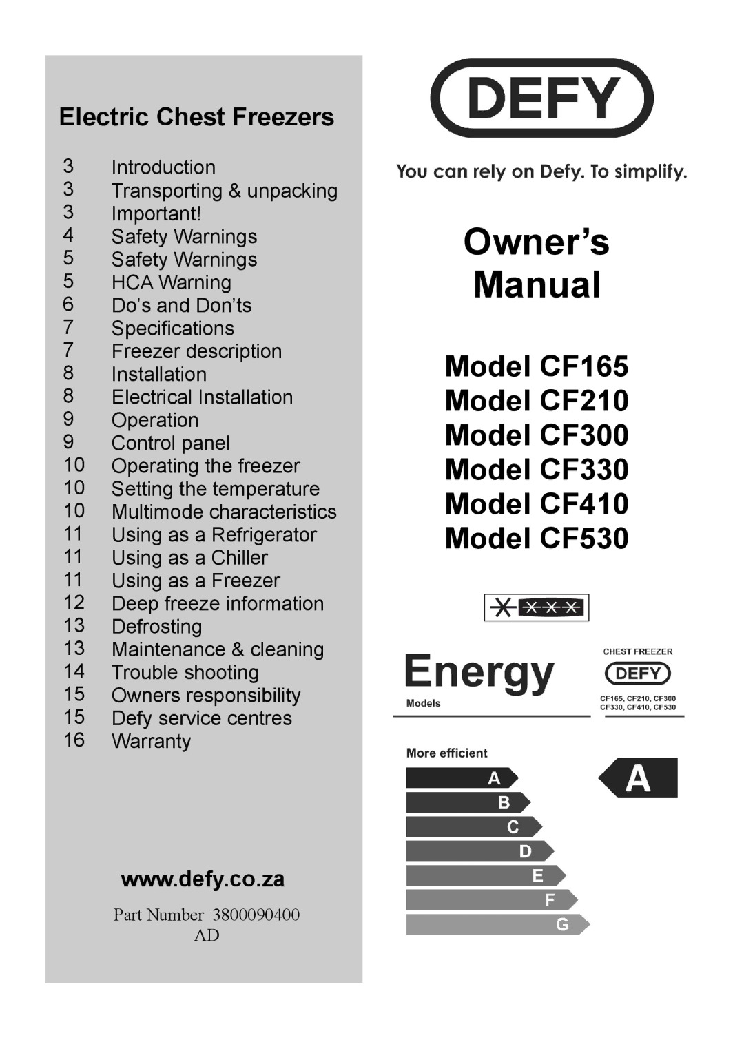 Defy Appliances CF530, CF330, CF165, CF410, CF300, CF210 manual $ # 