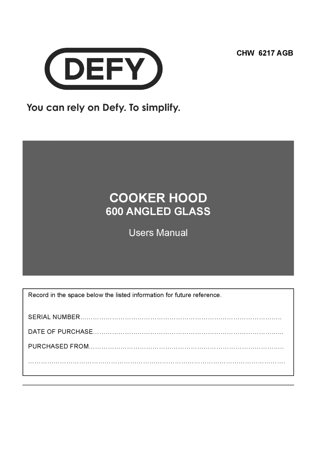 Defy Appliances CHW 6217 AGB manual #$% $%& # 