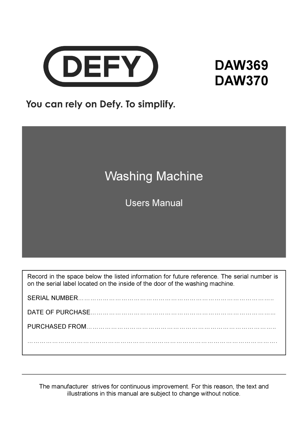 Defy Appliances user manual DAW369 DAW370 