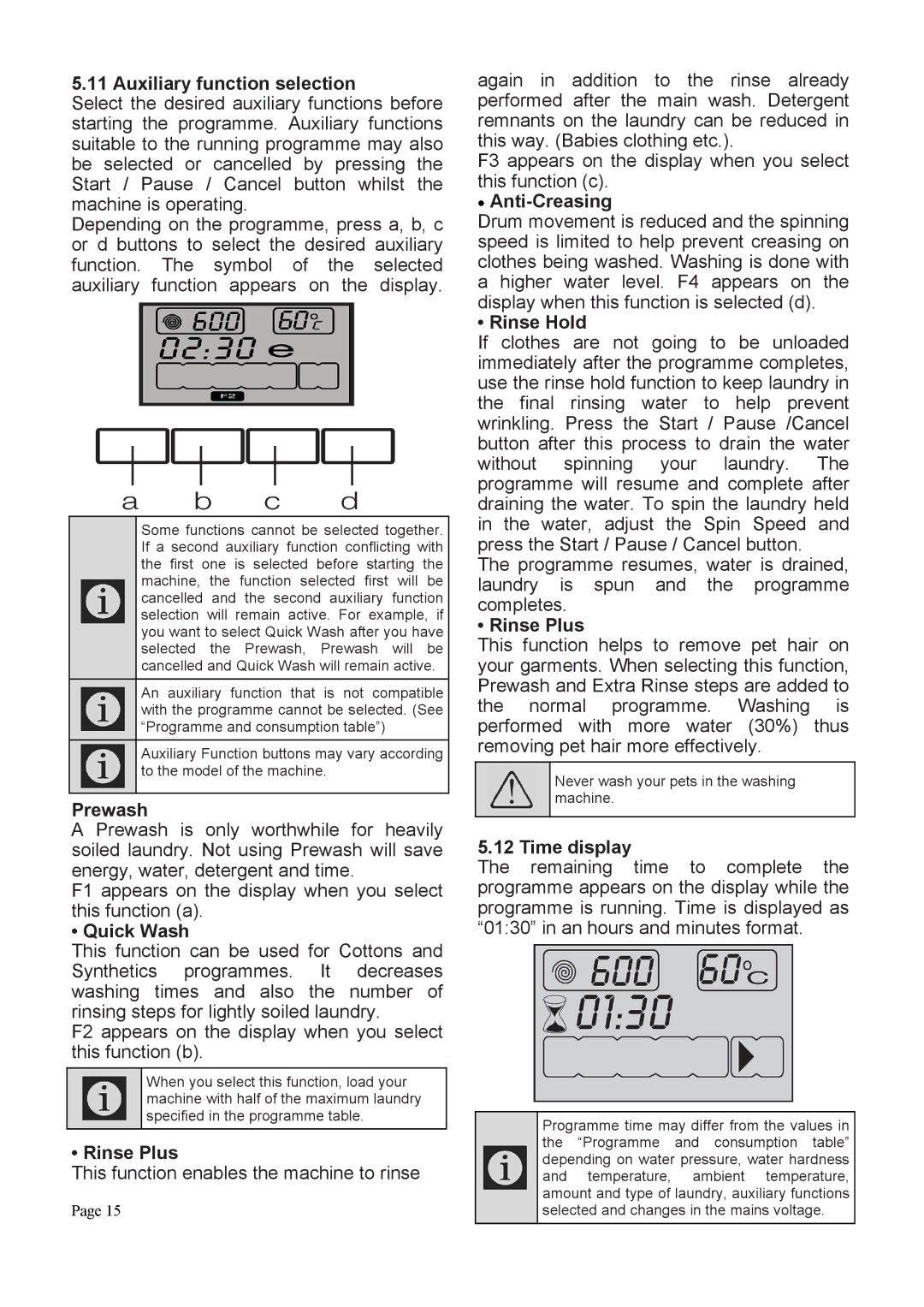 Defy Appliances DAW369, DAW370 Auxiliary function selection, Prewash, Quick Wash, Rinse Plus, Anti-Creasing, Rinse Hold 