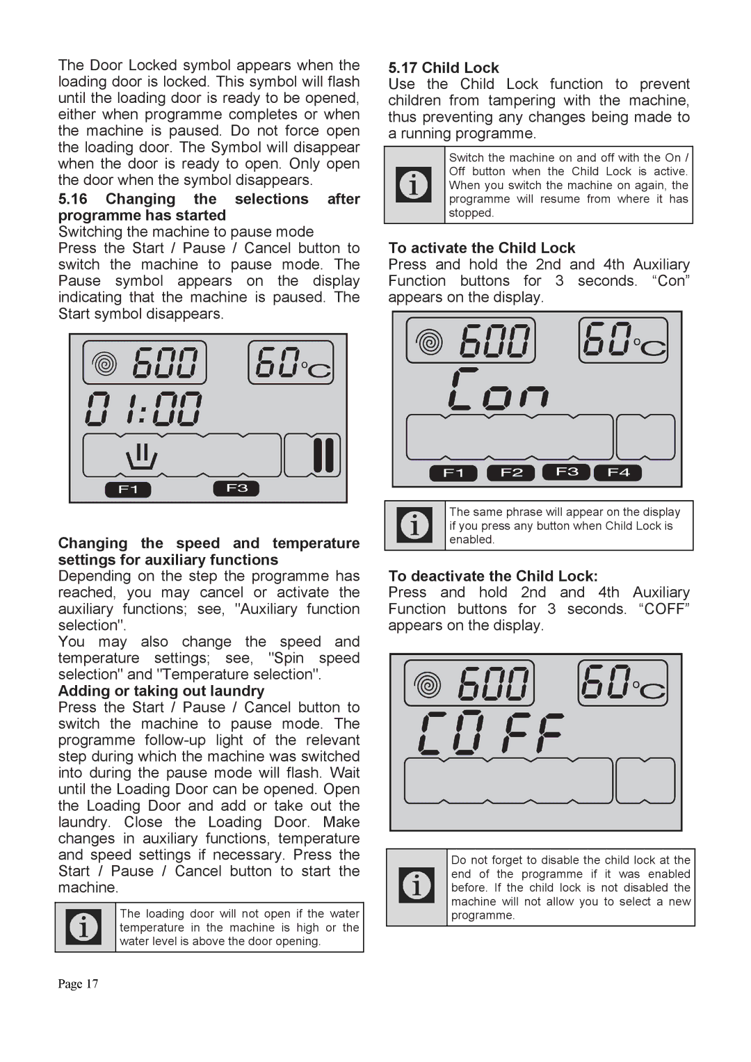 Defy Appliances DAW369 Changing the selections after programme has started, Adding or taking out laundry, Child Lock 