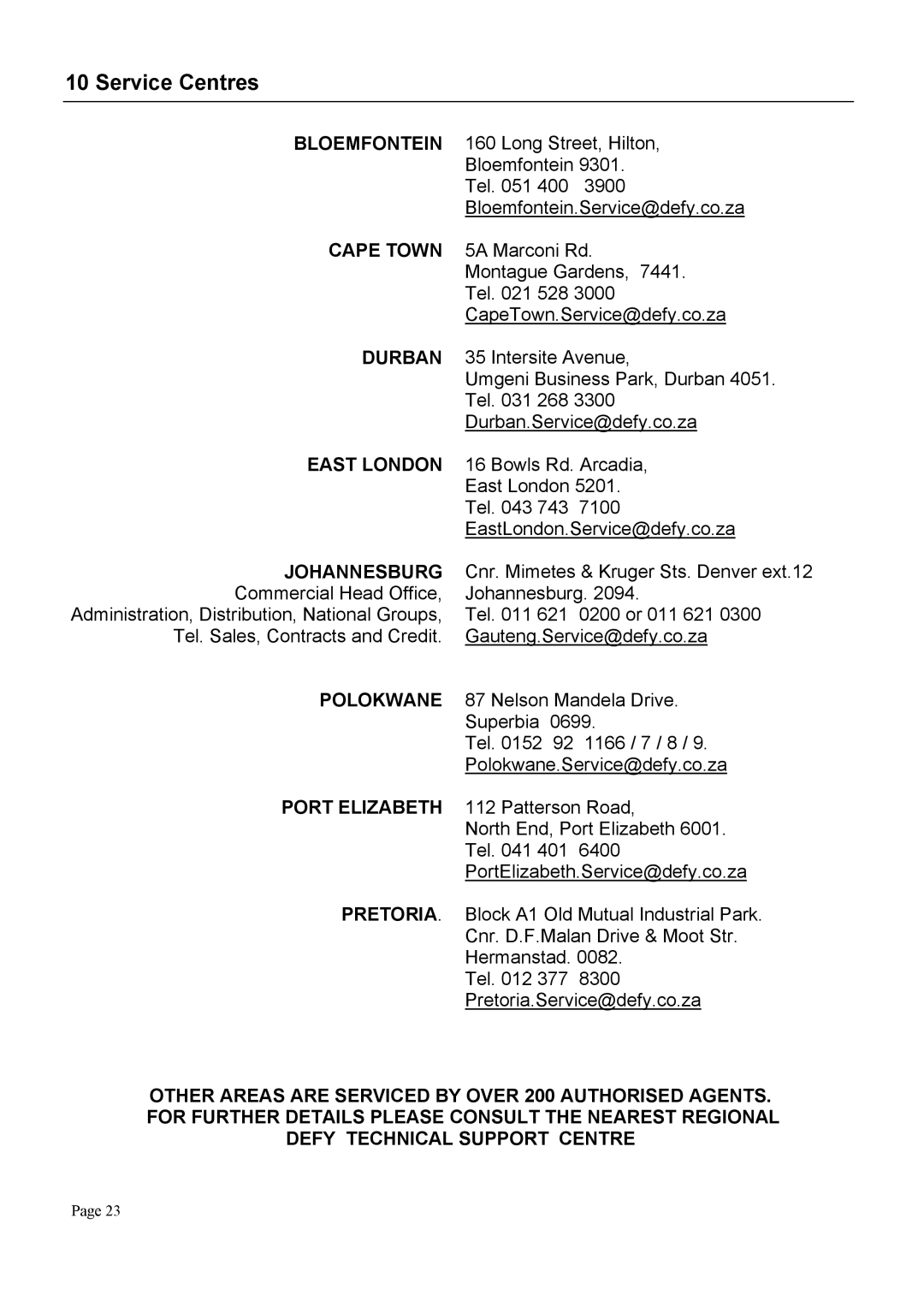 Defy Appliances DAW369, DAW370 user manual Service Centres, Johannesburg 