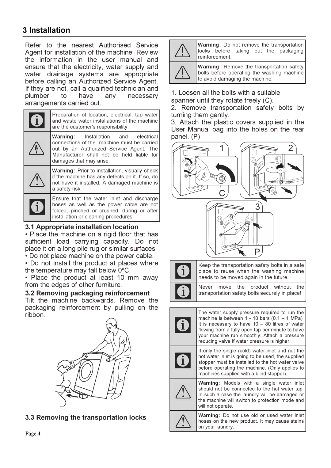 Defy Appliances DAW370, DAW369 user manual Installation, Appropriate installation location 