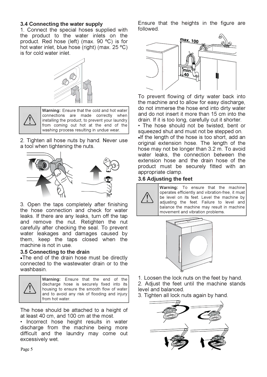 Defy Appliances DAW369, DAW370 user manual Connecting the water supply, Connecting to the drain, Adjusting the feet 