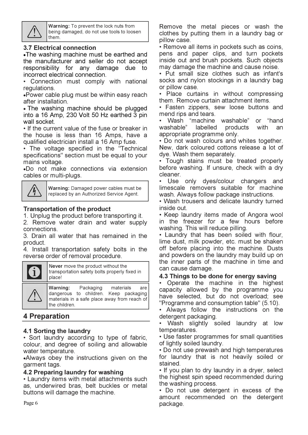 Defy Appliances DAW370, DAW369 user manual Preparation 