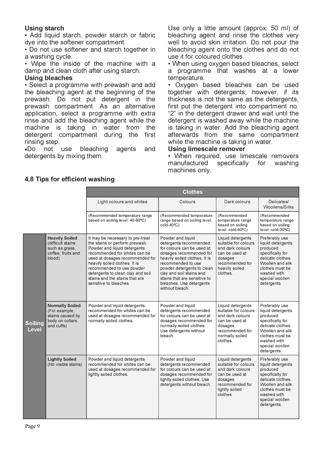 Defy Appliances DAW369, DAW370 user manual Using starch, Using bleaches, Tips for efficient washing, Using limescale remover 