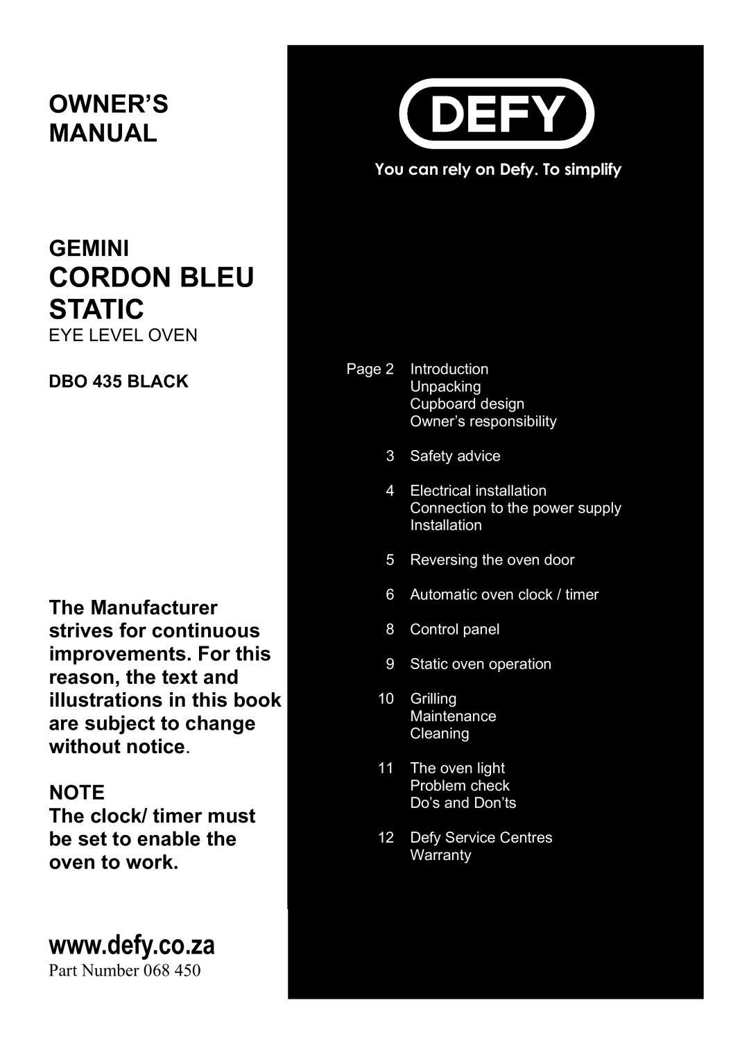 Defy Appliances DBO 435 Black owner manual Cordon Bleu Static 