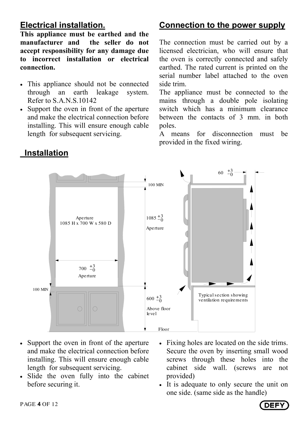 Defy Appliances DBO 435 Black owner manual Electrical installation, Connection to the power supply, Installation 