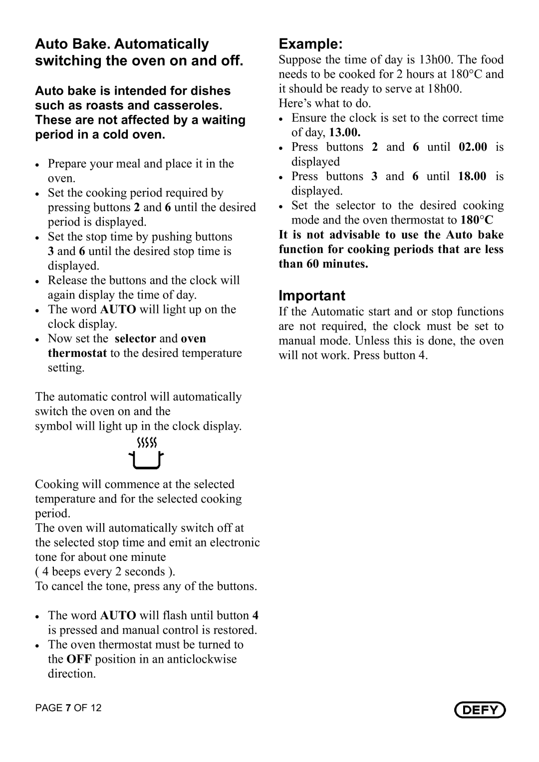 Defy Appliances DBO 435 Black owner manual Auto Bake. Automatically switching the oven on and off, Example 