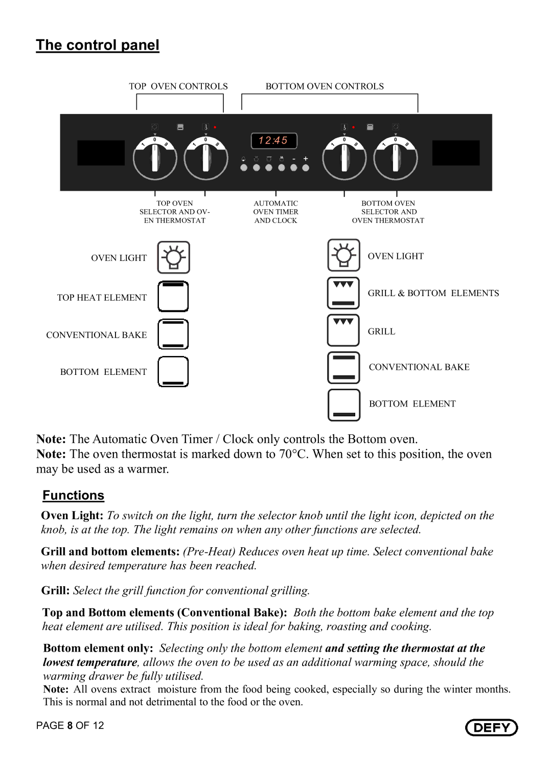 Defy Appliances DBO 435 Black owner manual Control panel, Functions 