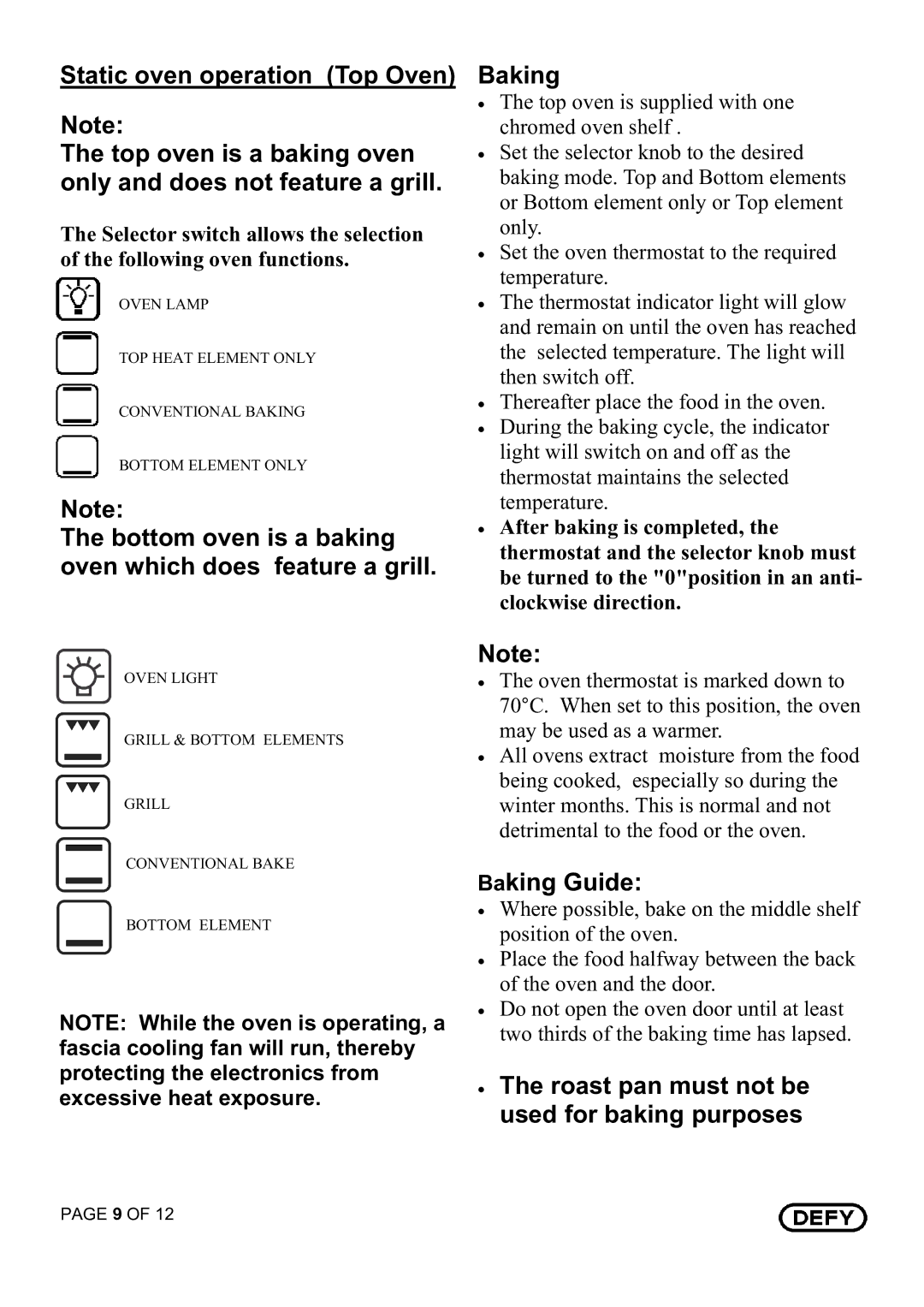 Defy Appliances DBO 435 Black owner manual Bottom oven is a baking oven which does feature a grill, Baking Guide 