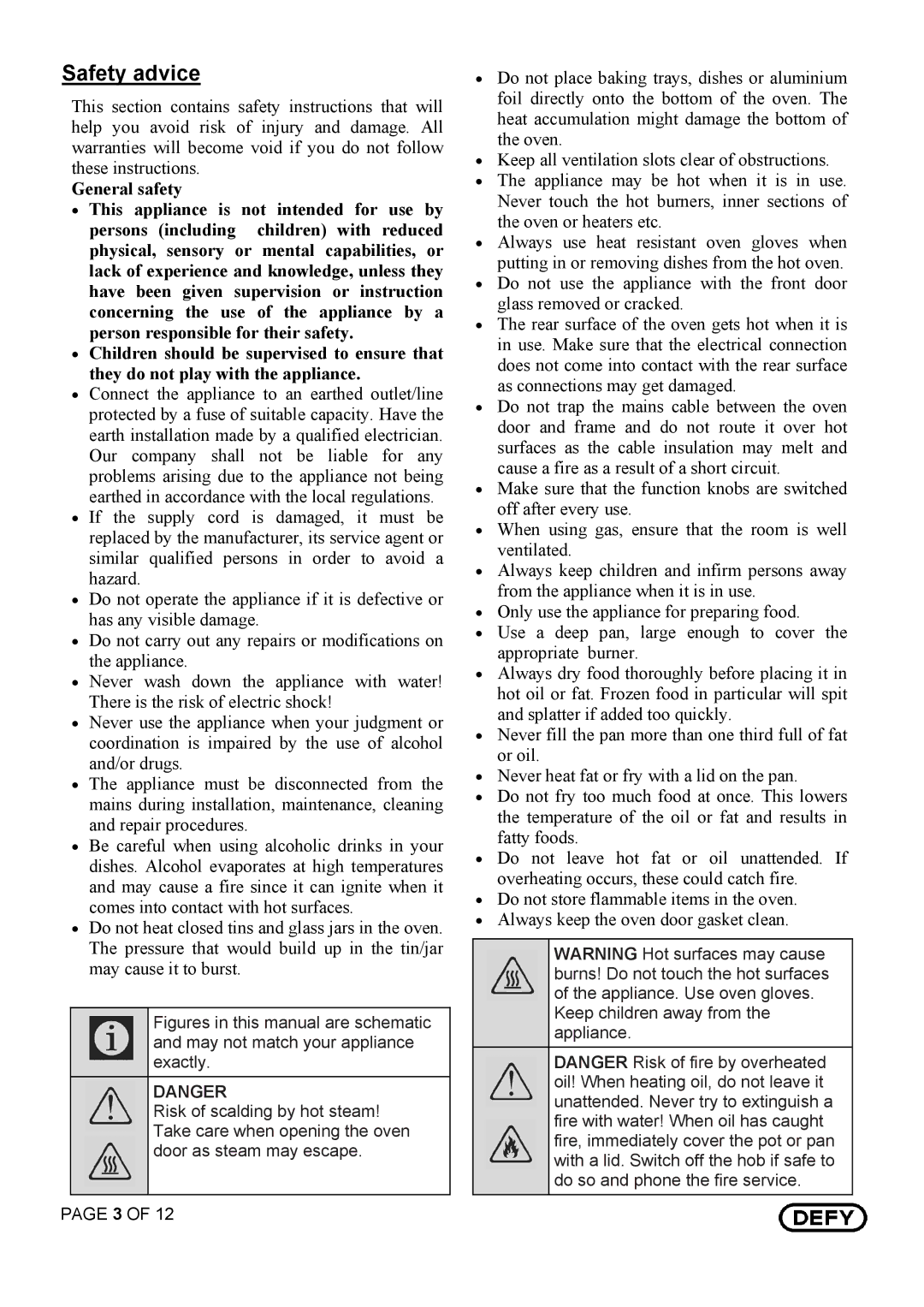 Defy Appliances DBO 435 Black owner manual Safety advice 