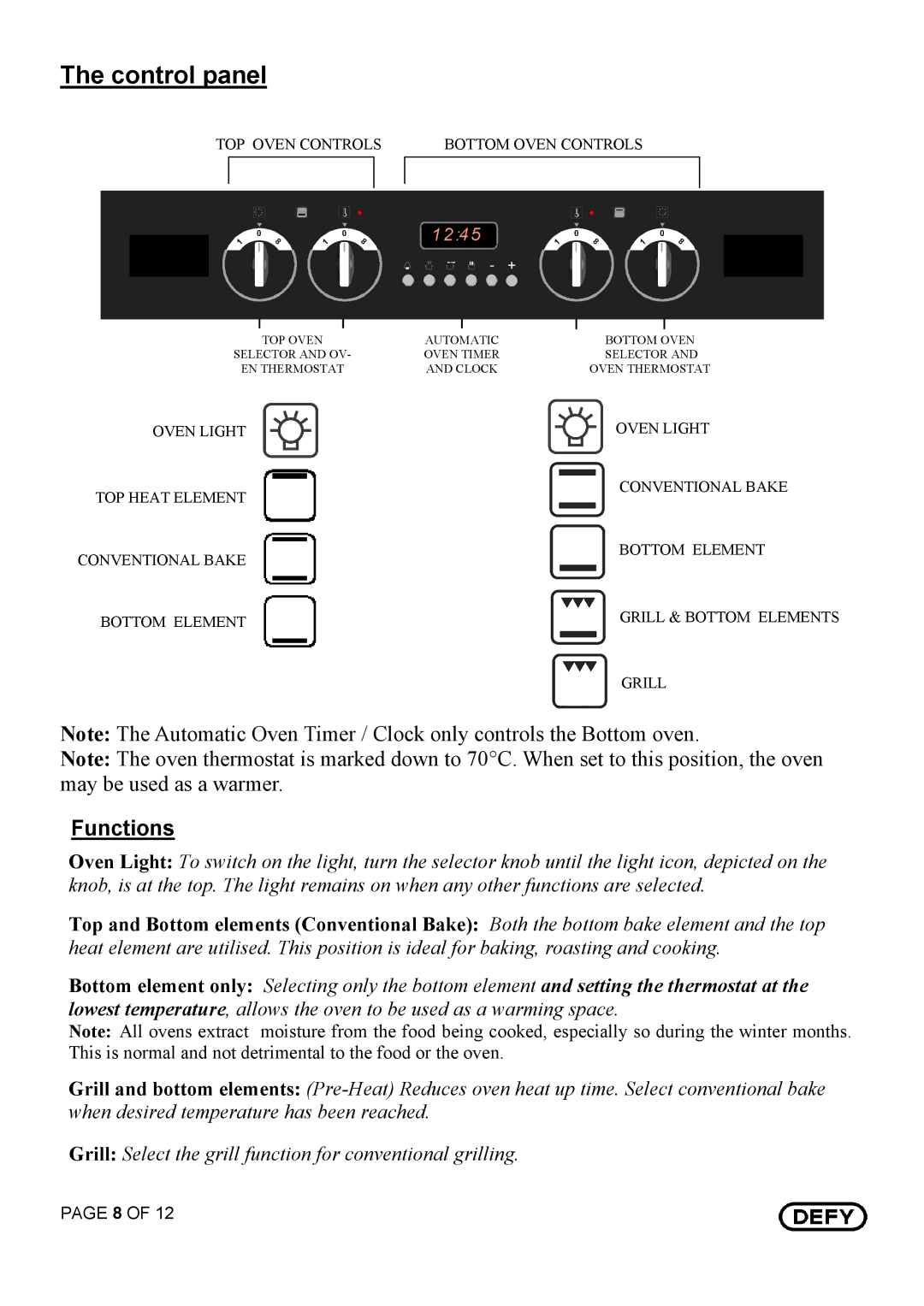 Defy Appliances DBO 435 Black owner manual Control panel, Functions 