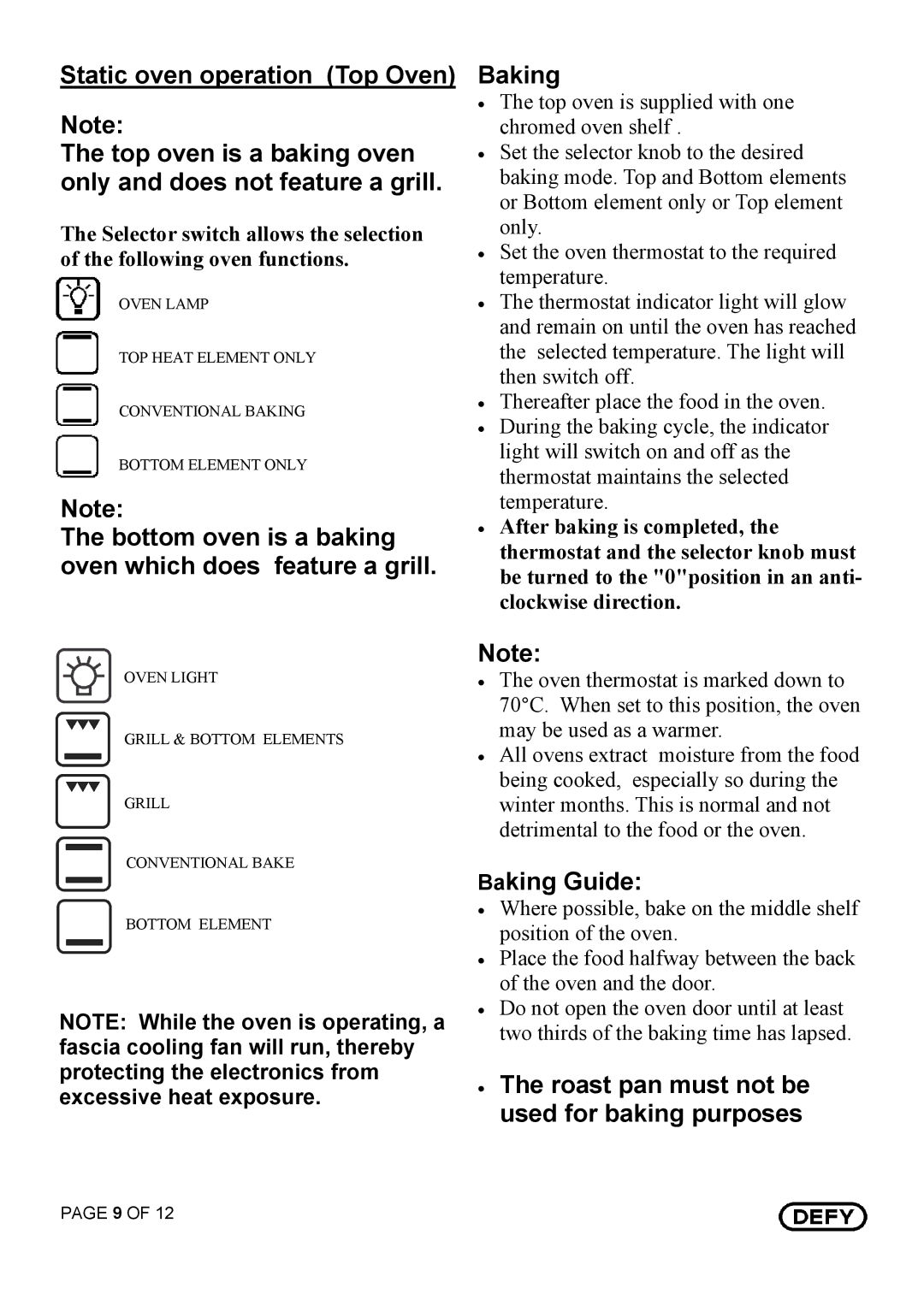 Defy Appliances DBO 435 Black owner manual Bottom oven is a baking oven which does feature a grill, Baking Guide 