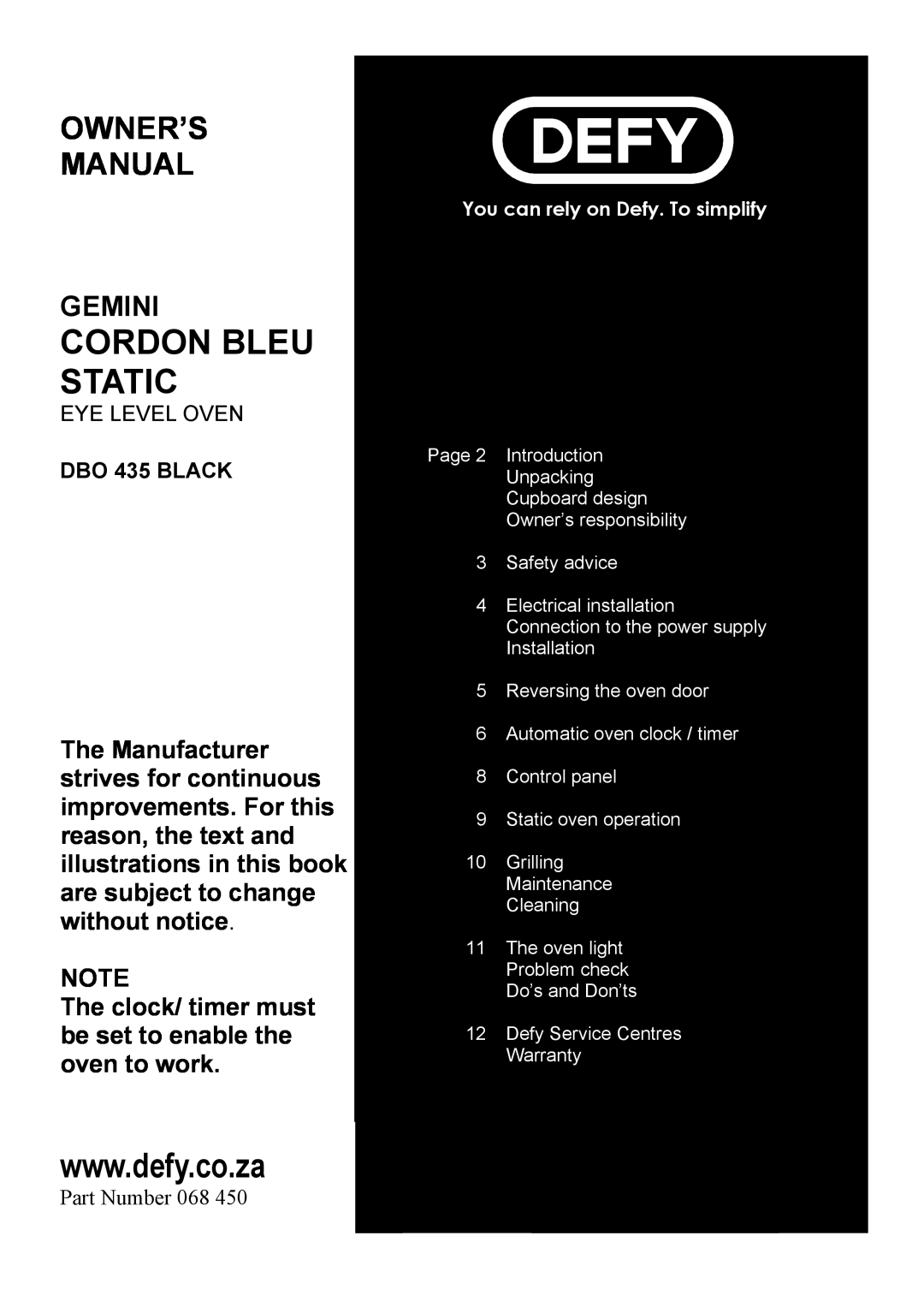 Defy Appliances DBO 435 Black owner manual Gemini, Cordon Bleu Static 