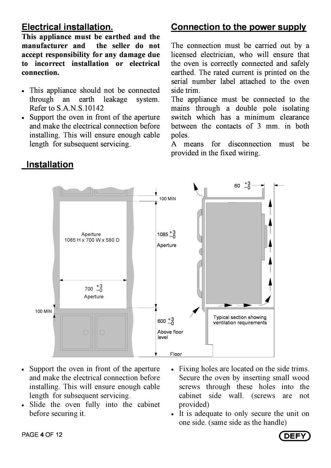 Defy Appliances DBO 435 Black owner manual Electrical installation, Connection to the power supply, Installation, PAGE 4 OF 