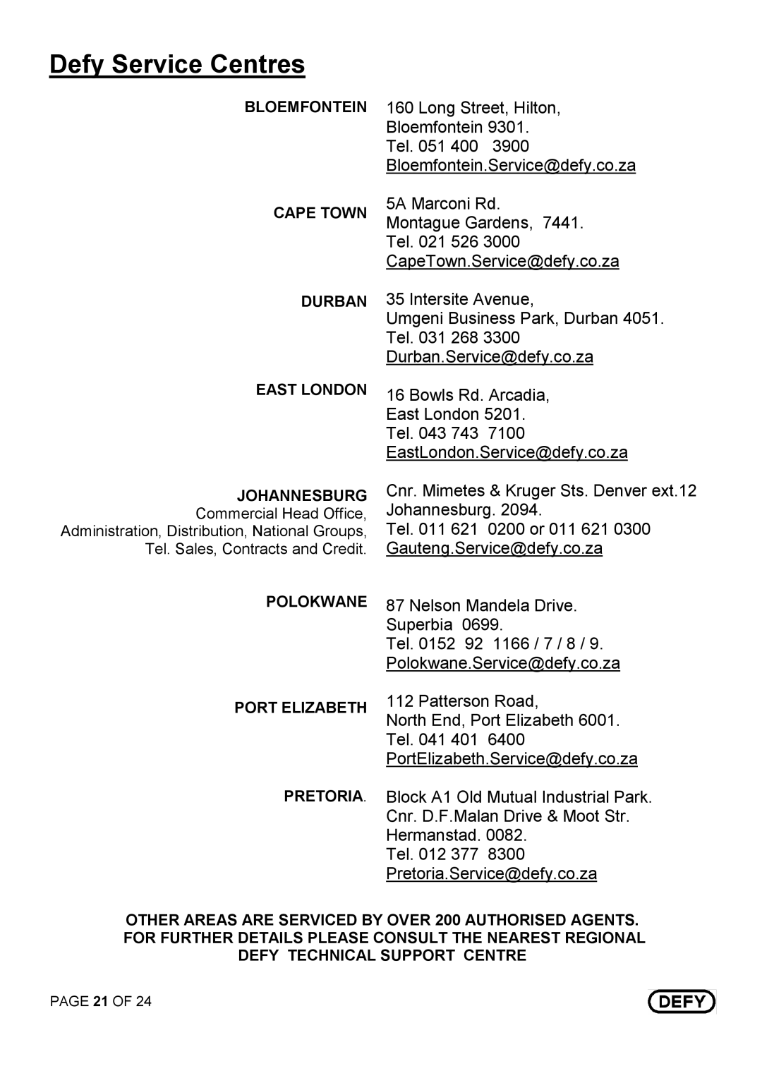 Defy Appliances DBO 455, DBO 456 manual ?%9&E %99F $A9 $ D.19 21-3,222 