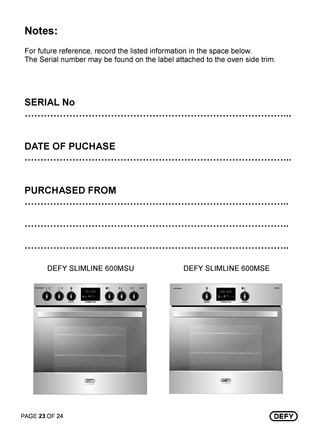 Defy Appliances DBO 455, DBO 456 manual 