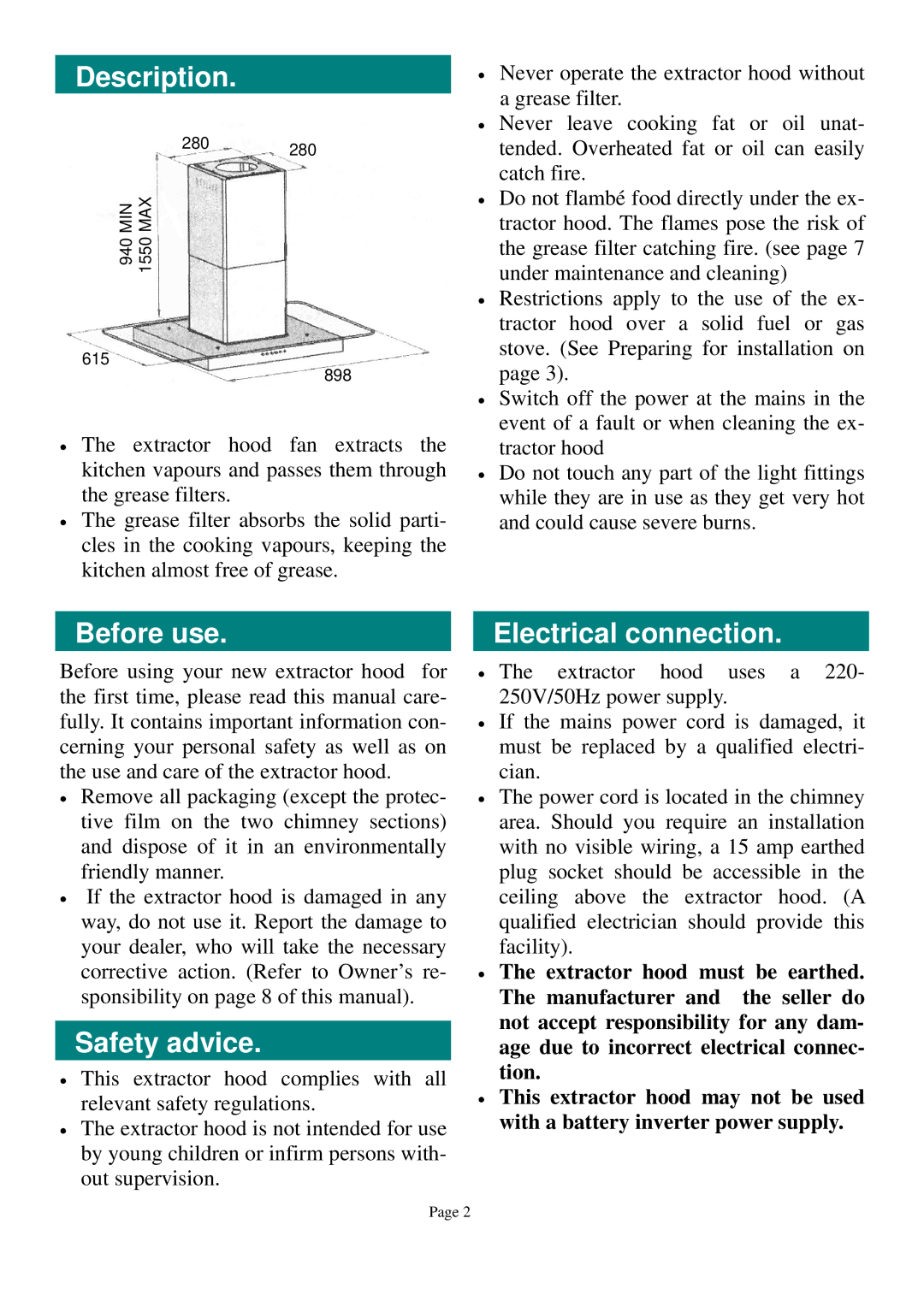 Defy Appliances DCH262 owner manual Description, Before use, Safety advice, Electrical connection 