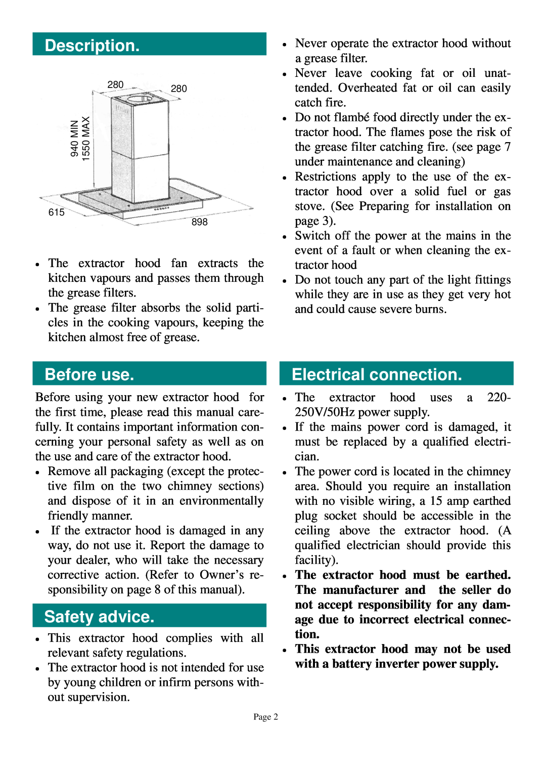 Defy Appliances DCH262 owner manual Description, Before use, Safety advice, Electrical connection 