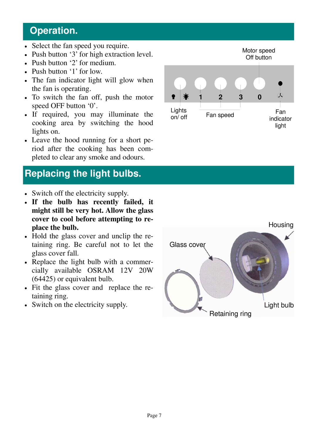 Defy Appliances DCH284, DCH285, DCH261, DCH260 owner manual Operation, Replacing the light bulbs 