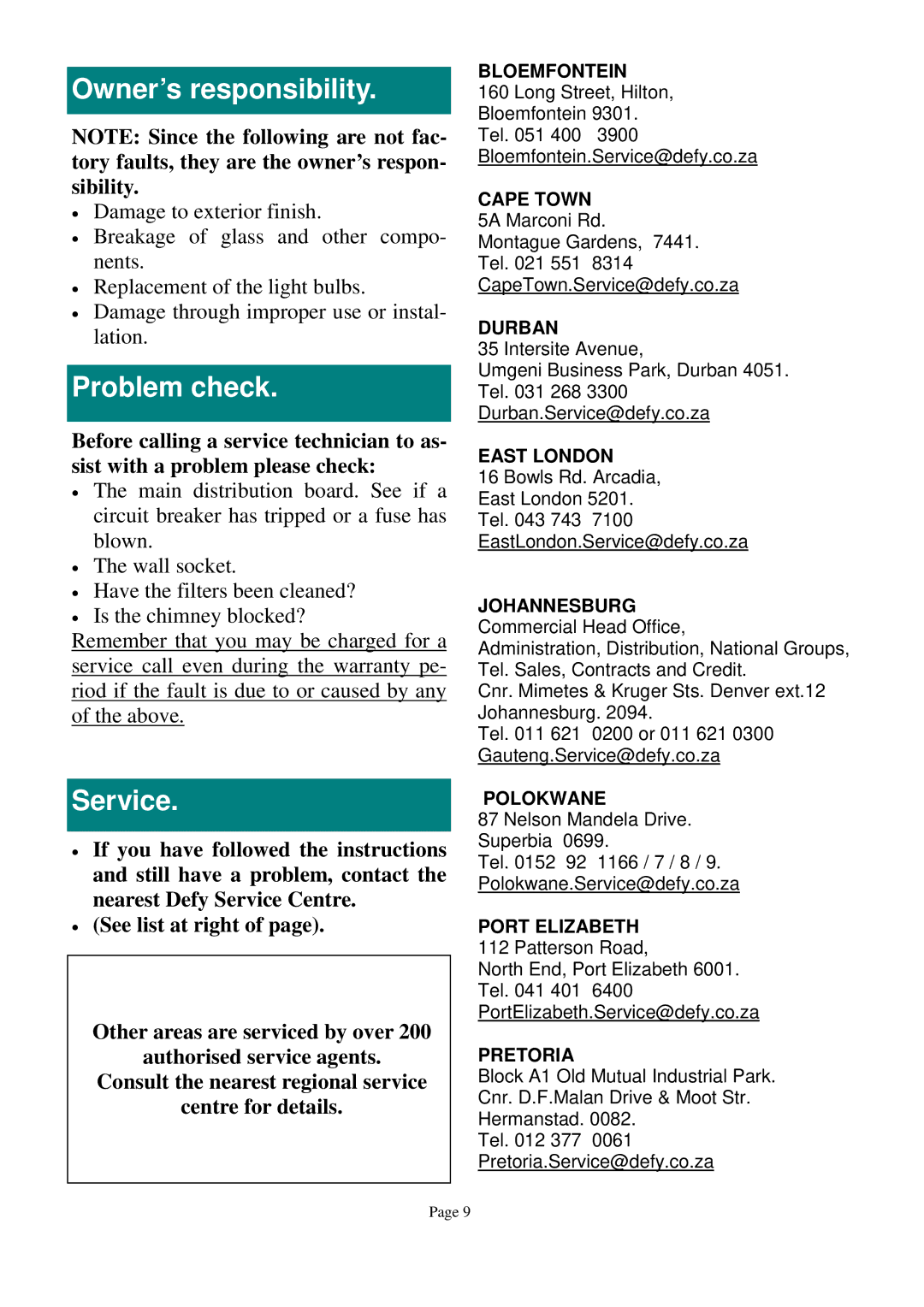 Defy Appliances DCH261, DCH285, DCH260, DCH284 owner manual Owner’s responsibility, Problem check, Service 