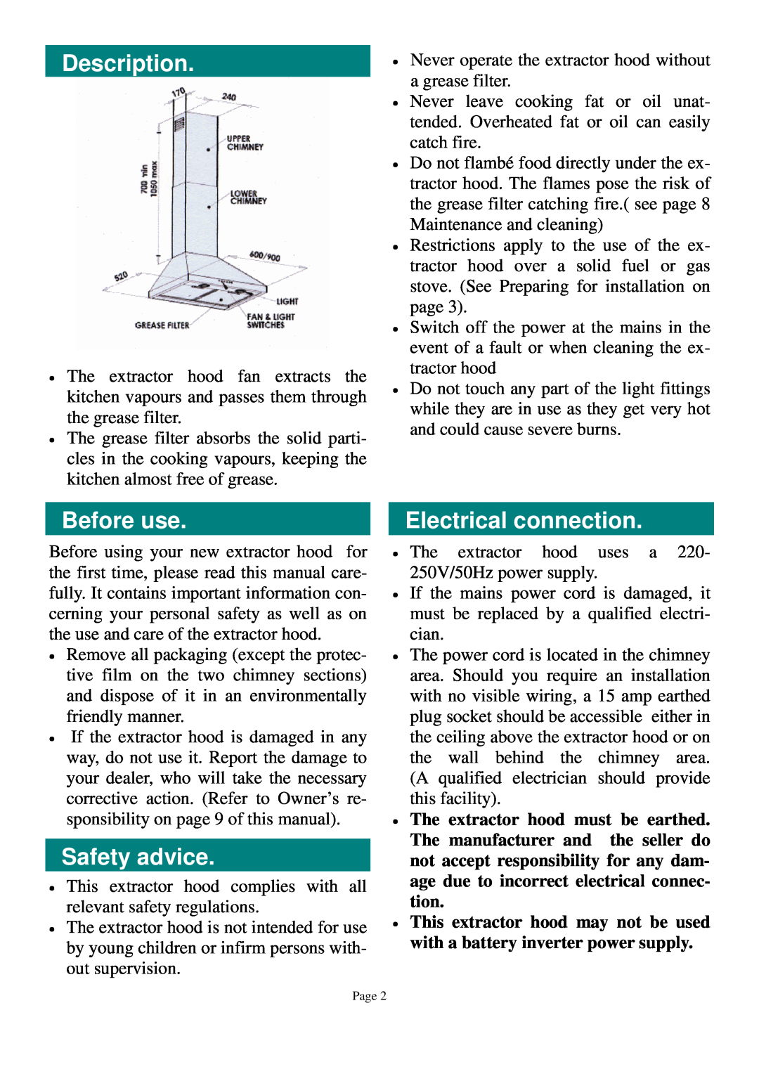 Defy Appliances DCH260, DCH285, DCH261, DCH284 owner manual Description, Before use, Safety advice, Electrical connection 