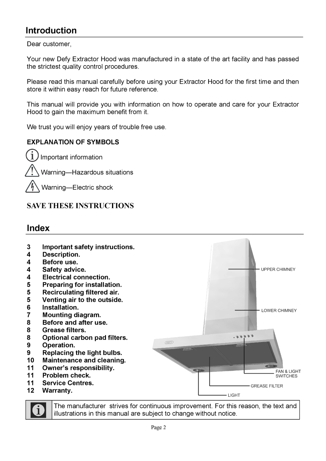 Defy Appliances DCH303, DCH304, DCH299 user manual Introduction, Index 