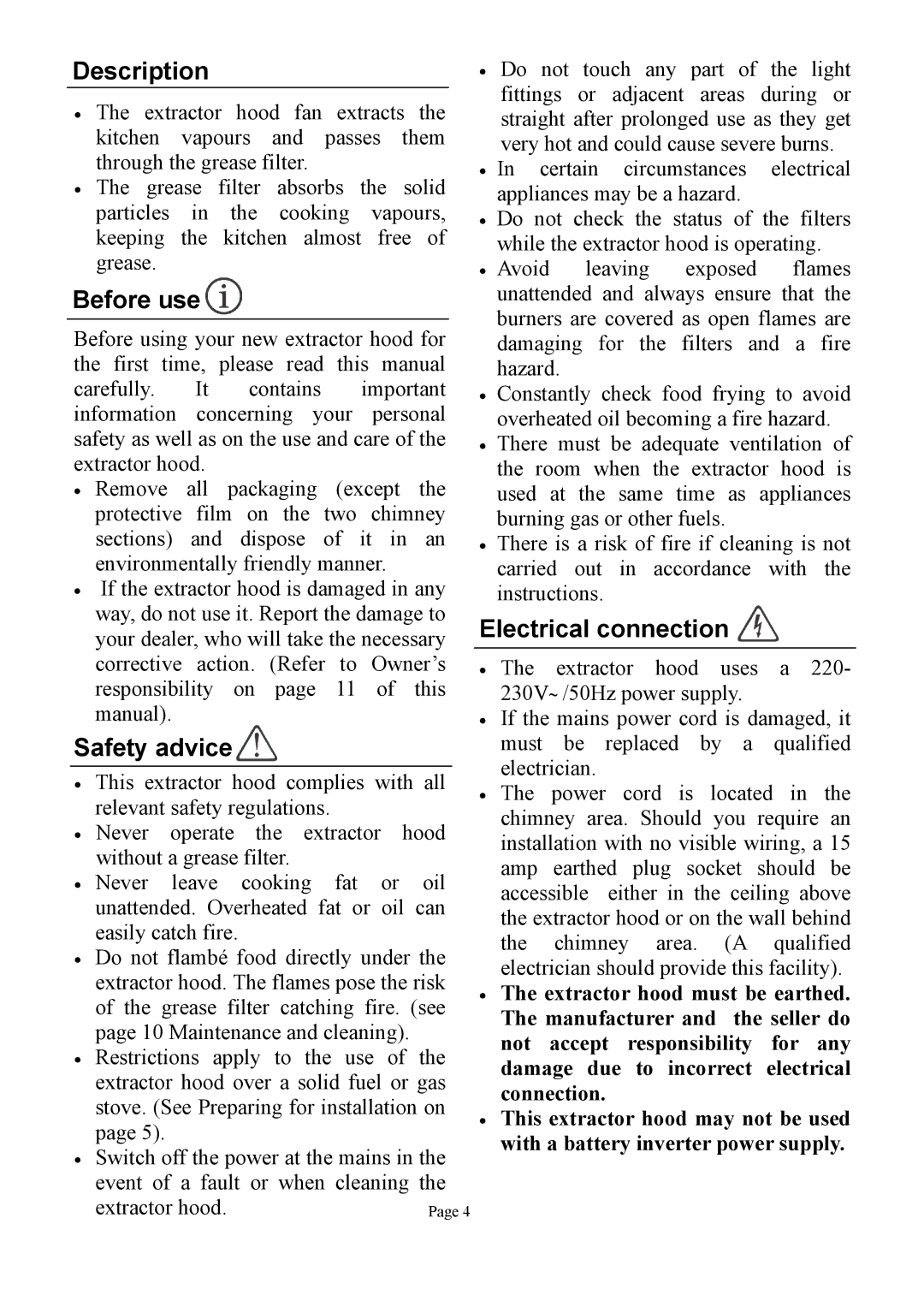 Defy Appliances DCH299, DCH304, DCH303 user manual Description, Before use, Safety advice, Electrical connection 