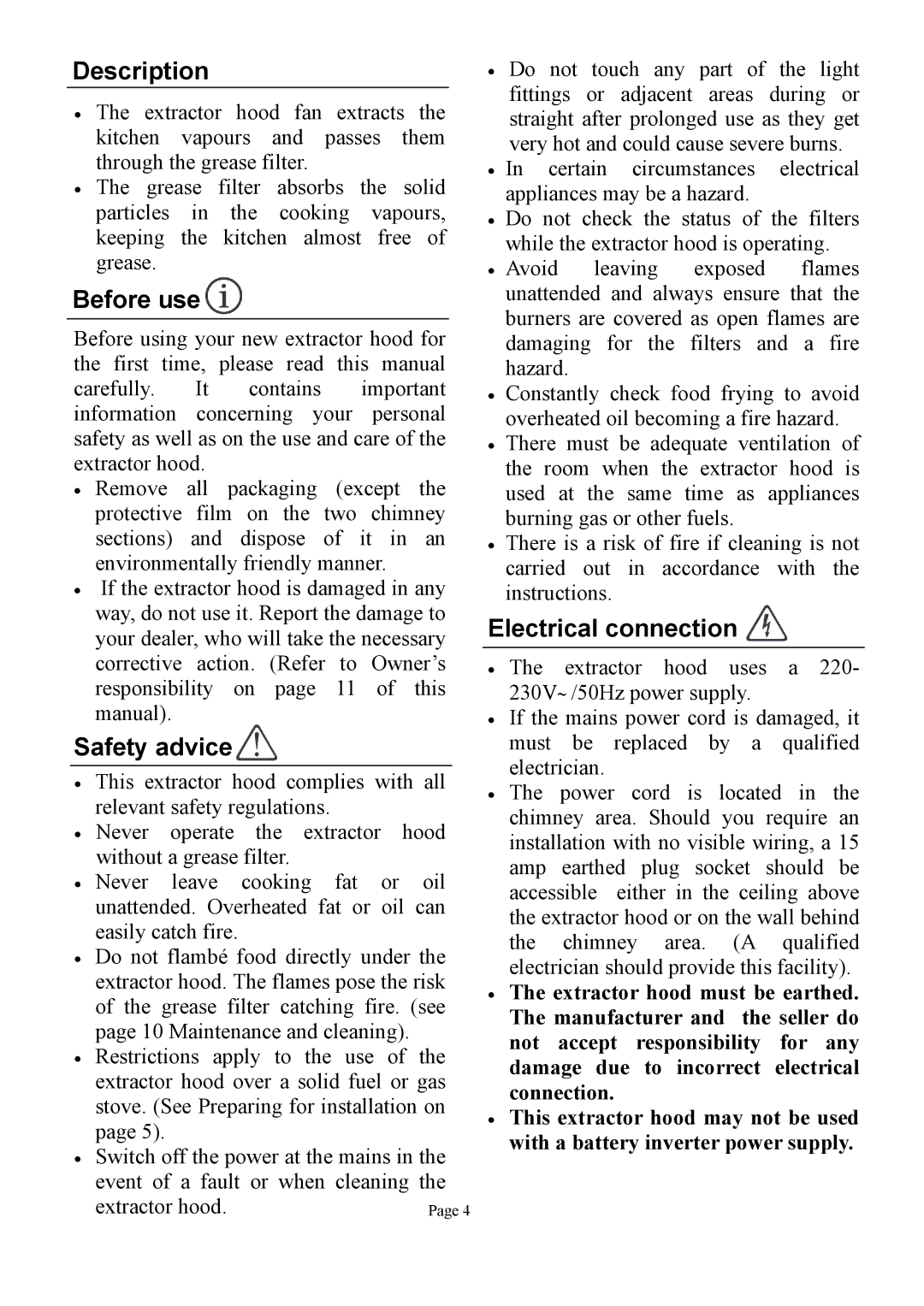 Defy Appliances DCH309 manual Description, Before use, Safety advice, Electrical connection 