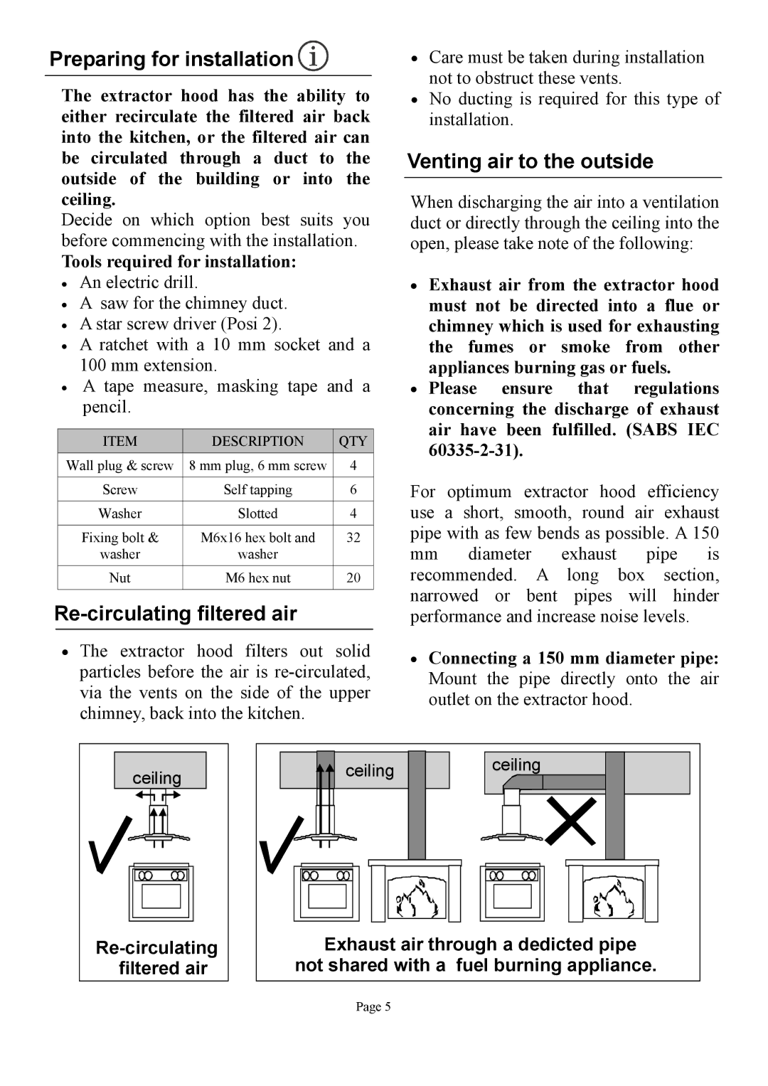 Defy Appliances DCH309 manual Preparing for installation, Re-circulating filtered air, Venting air to the outside 