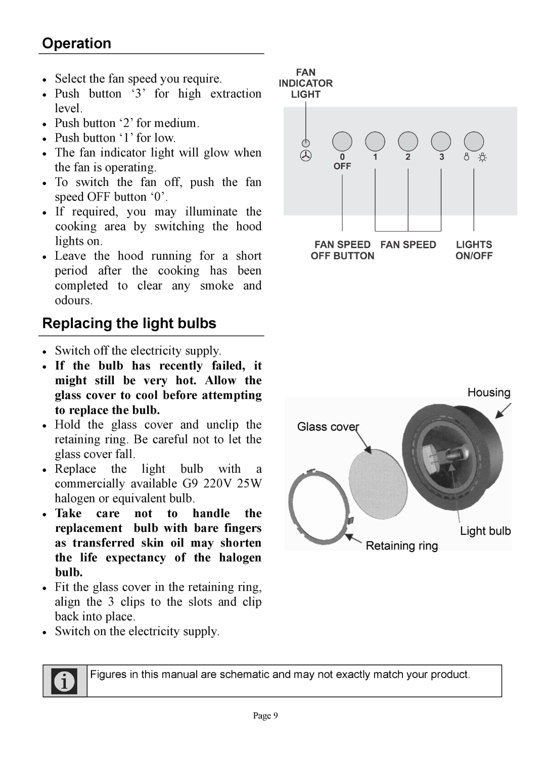 Defy Appliances DCH309 manual Operation, Replacing the light bulbs 