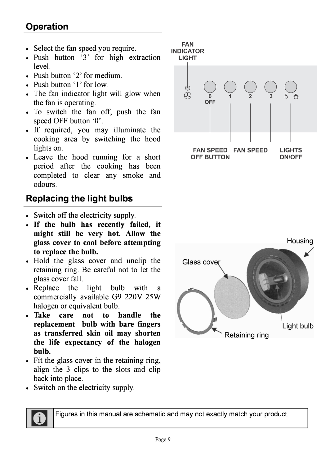 Defy Appliances DCH309 manual Operation, Replacing the light bulbs 
