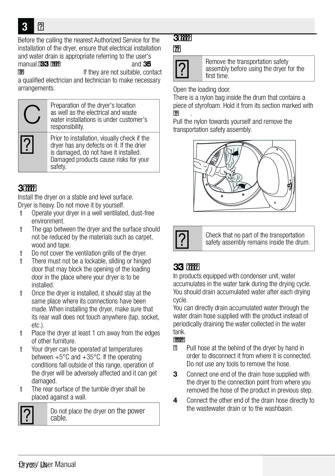 Defy Appliances DCY 8402 GM Installation, Appropriate installation location, Removing the transportation safety assembly 