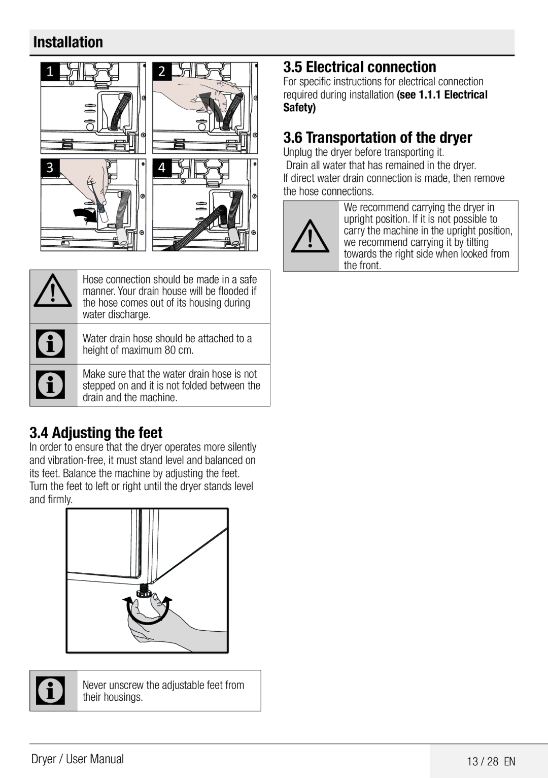 Defy Appliances DCY 8402 GM manual Adjusting the feet, Electrical connection, Transportation of the dryer 