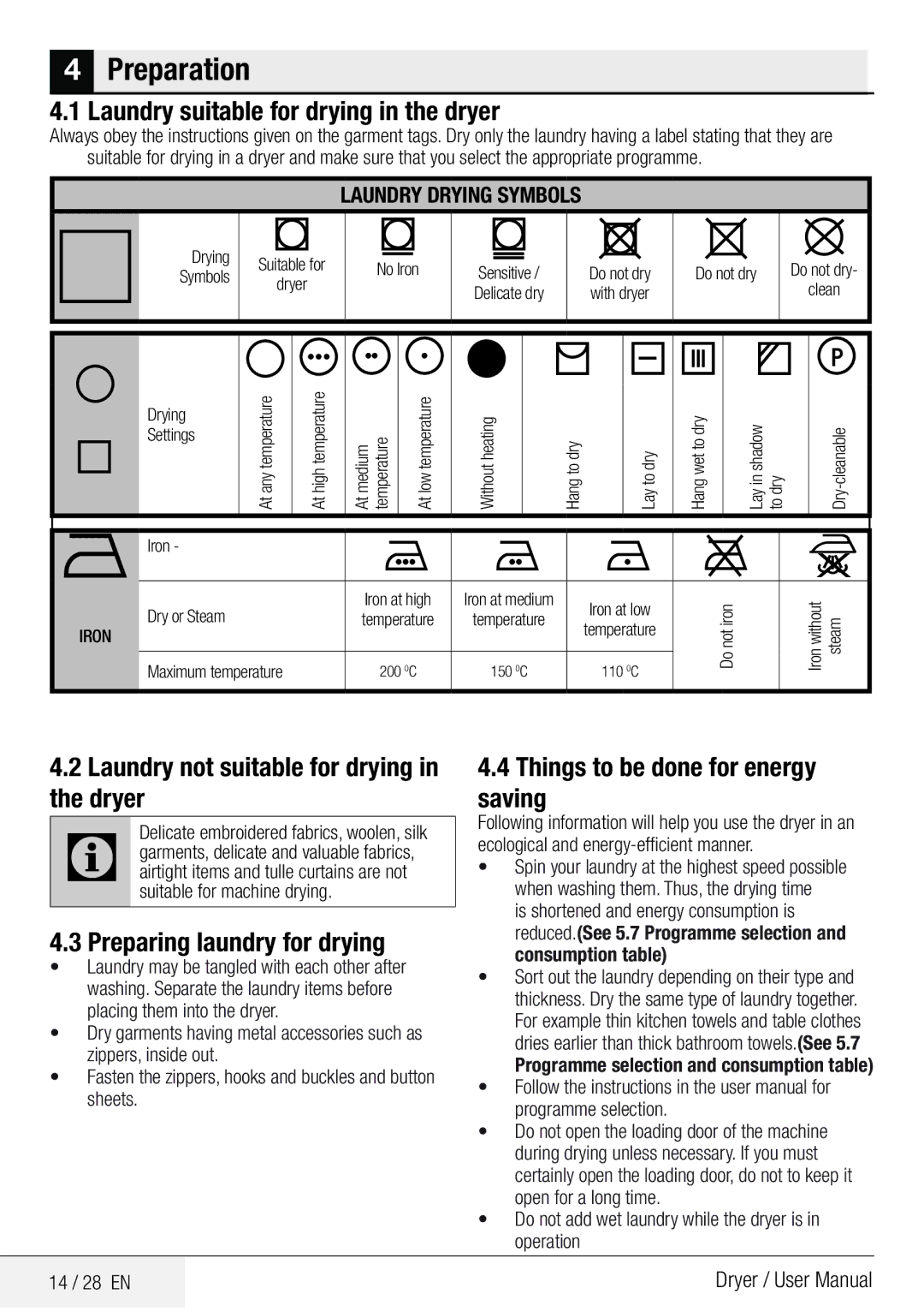 Defy Appliances DCY 8402 GM manual Preparation, Laundry suitable for drying in the dryer, Preparing laundry for drying 