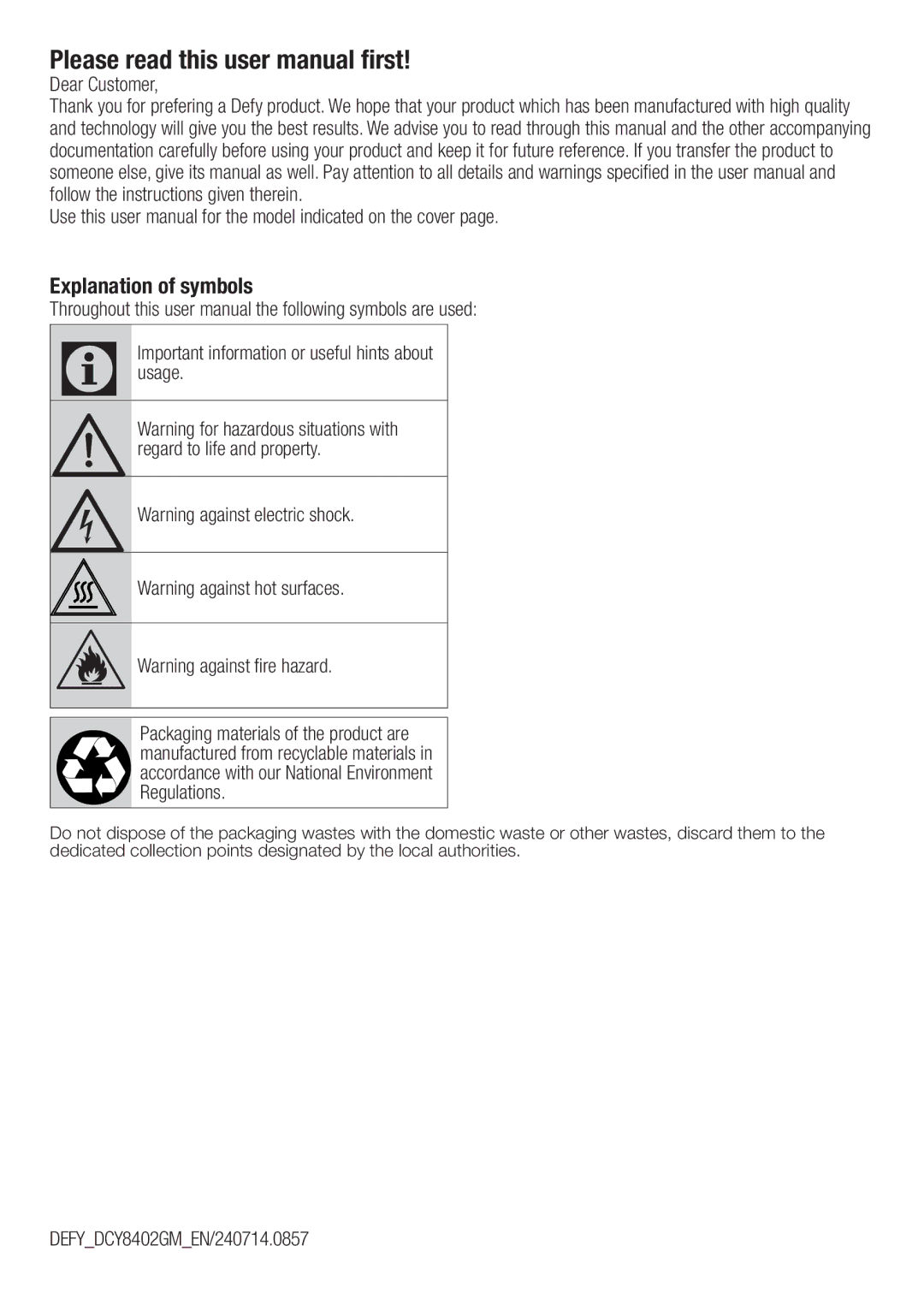 Defy Appliances DCY 8402 GM Explanation of symbols, Dear Customer, CImportant information or useful hints about usage 