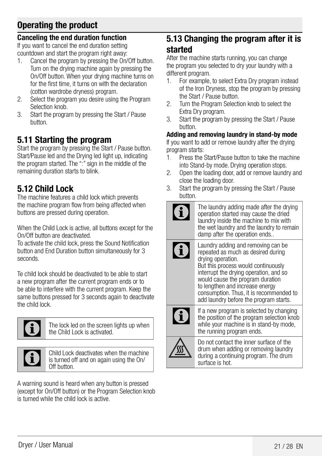 Defy Appliances DCY 8402 GM manual Starting the program, Child Lock, Changing the program after it is started 