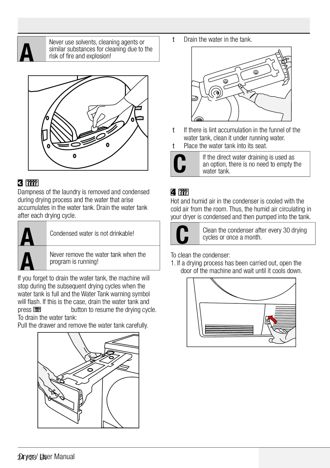 Defy Appliances DCY 8402 GM manual Maintenance and cleaning, Draining the water tank, Cleaning the condenser, 24 / 28 EN 