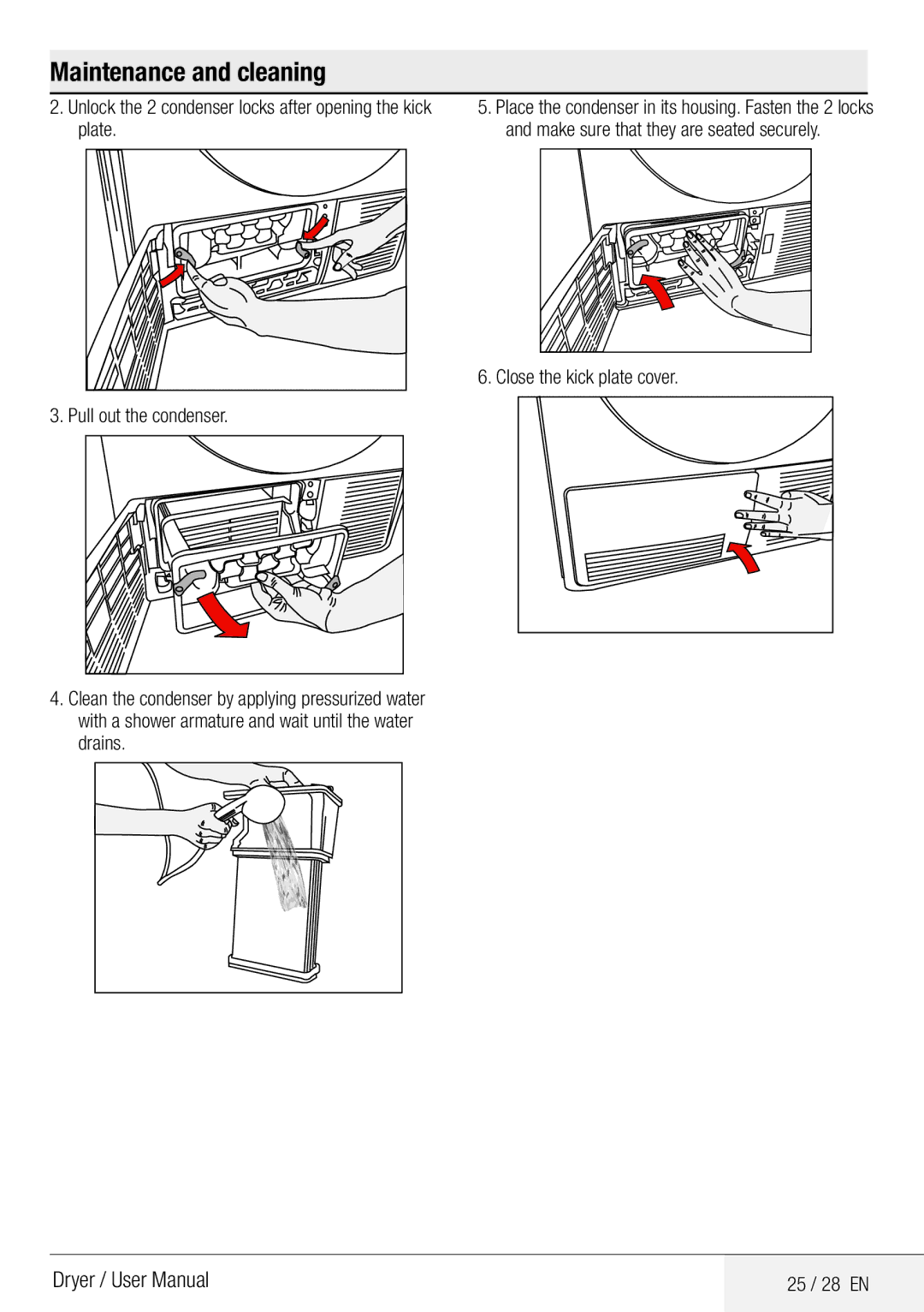 Defy Appliances DCY 8402 GM manual Unlock the 2 condenser locks after opening the kick plate, 25 / 28 EN 