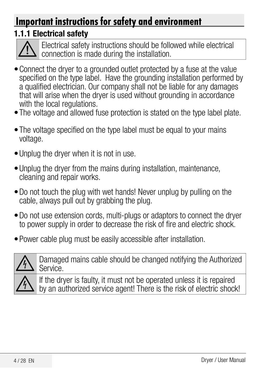 Defy Appliances DCY 8402 GM manual Important instructions for safety and environment, Electrical safety 