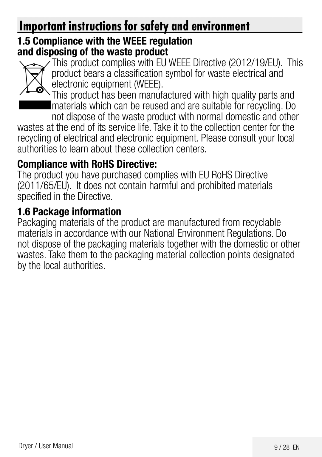 Defy Appliances DCY 8402 GM manual Compliance with RoHS Directive, Package information 